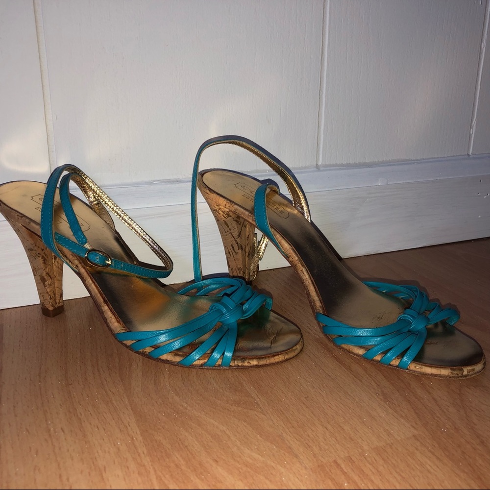 COACH Gianna Blue & Gold Ankle Strap Heels